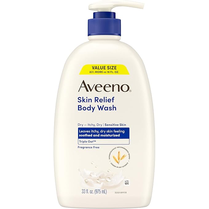 غسول الجسم الخالي من العطور Aveeno Skin Relief مع الشوفان لتهدئة البشرة الجافة والمقلقة، لطيف وخالي من الصابون وخالي من الصبغة للبشرة الحساسة، 33 أونصة سائلة
